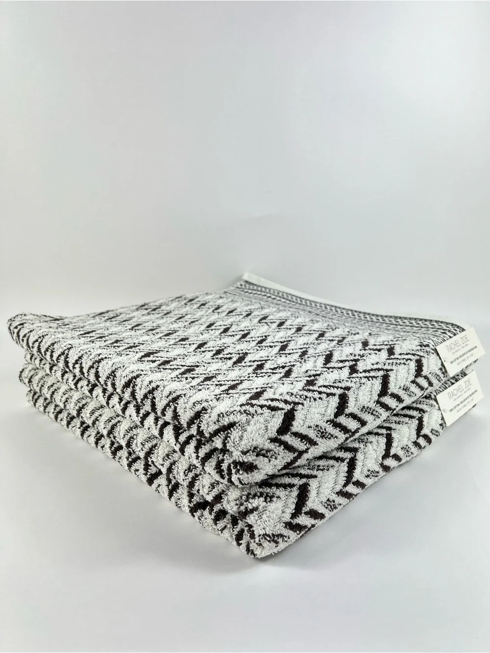 Rachel Zoe Bath Towel Set Brown Cream Zigzag Chevron Soft 100% Cotton 8 Pc NEW